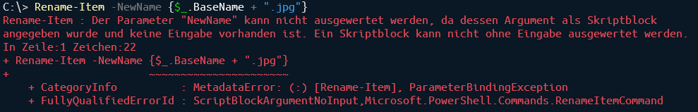 PowerShell Fehler Skript Block ohne Piping.