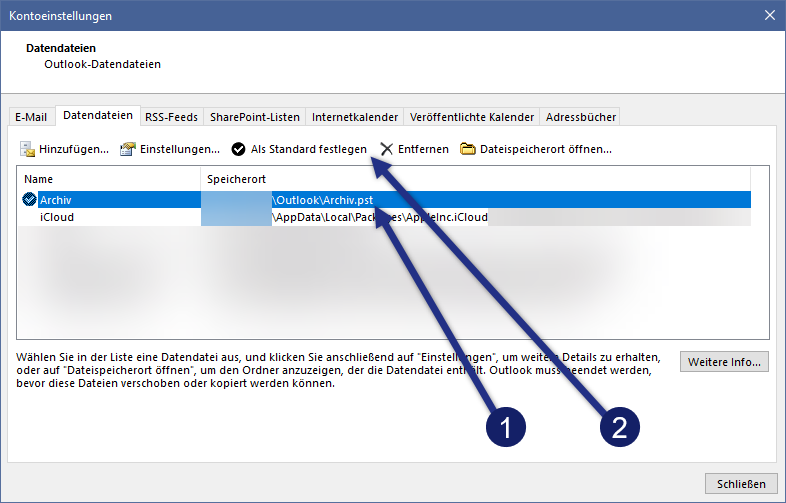 Screenshot der Outlook Kontoeinstellungen, auf dem gezeigt wird, wie eine bestehende .pst-Datei als Standard ausgewählt werden kann.